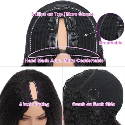 Prtyopp V Part Wig Human Hair Kinky Straight Vpart Human Hair Wig Upgrade U Part Wig Yaki Straight Clip in Half Wigs for Black Women Glueless No Leave Out 180% Density Natural Color 12 Inch