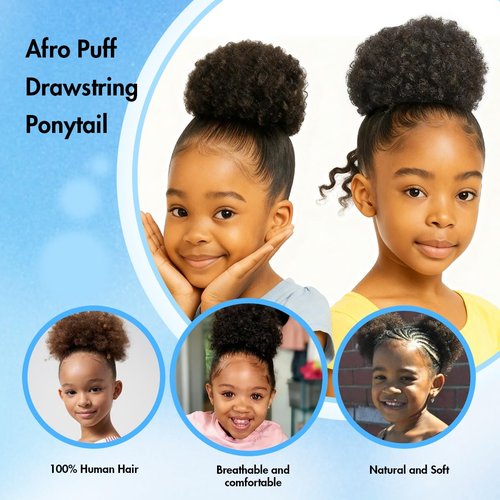 TANJET 8in Natural Black Voluminous Afro Puff - 100% Human Hair Drawstring Ponytail with 3 Non-Slip Combs | Heat-Resistant Kinky Curly Extension (8in, Natural Black 1B#)