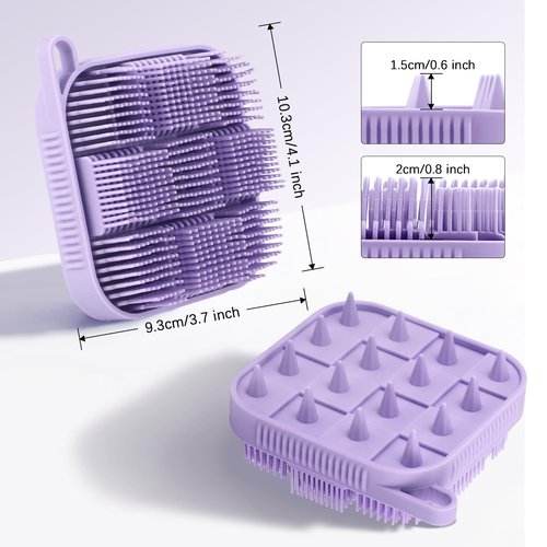 Mabnuby 2 Pack Silicone Body Scrubber, Exfoliating Silicone Loofah Shower Scrubber for Men & Women, 2-in-1 Food-Grade Antibacterial Dual-Sided Bath & Shampoo Brush for Sensitive Skin, Purple + Green
