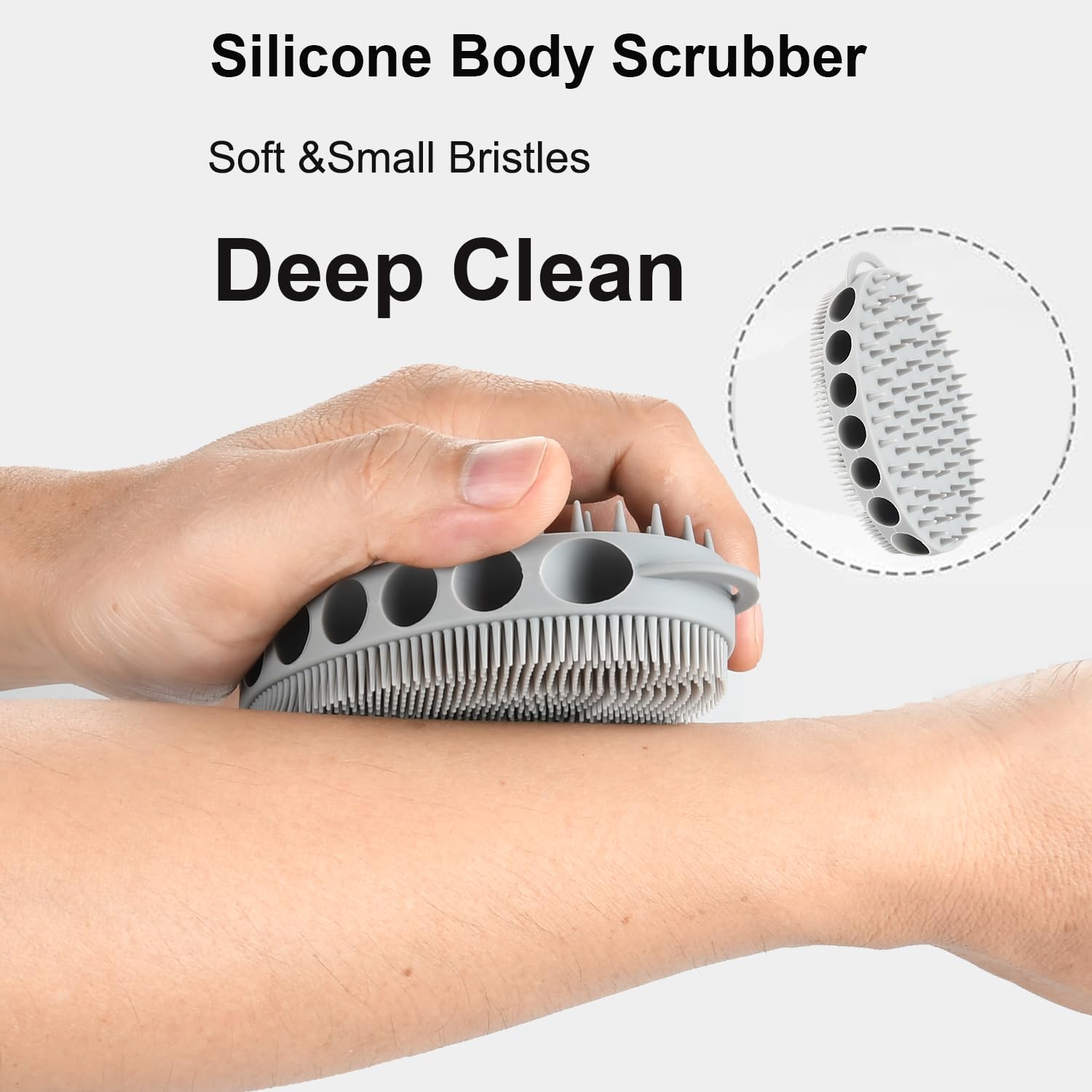 Vinjinsl Silicone Body Scrubber with Double-Sided Bristles, Deep Cleaning Massage Brush, Flexible Design with Hanger Loop for Exfoliating and Scalp Care (Grey)