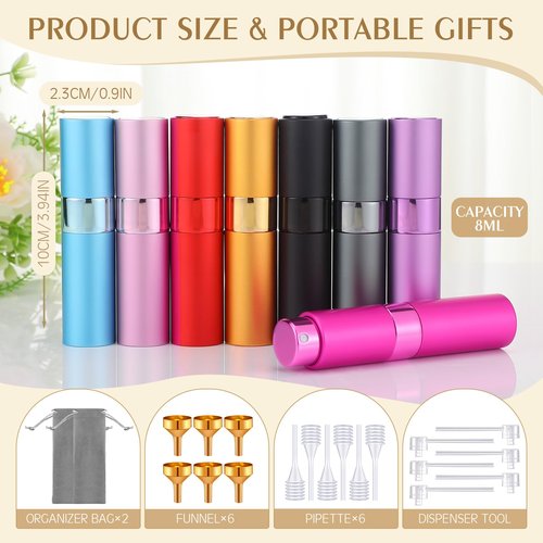 Honeydak 16 Pack 8 ml Refillable Perfume Atomizer Mini Refillable Spray Travel Bottles Empty Cologne Sprayer Portable Fragrance Atomizer with Funnel, Dispenser, Pipettes, Bag(8 Colors)