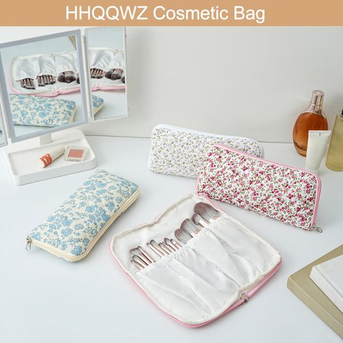 HHQQWZ Quilted Makeup Brush Bag Travel Cosmetic Bag for Women, Floral Coquette Cotton Makeup Brush Case Toiletry Zipper Make Up Pouch, Travel Storage Organizer Pouch (Pink Floral)