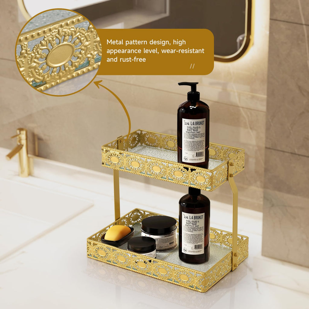 xiaojuande-Two Layer Glass Storage Tray with Portable Dressing Table Skin Care Product Organization Rack Corner Storage Rack for Bathroom Counter High-end Light Luxury Display Plate - Gold (Gold)