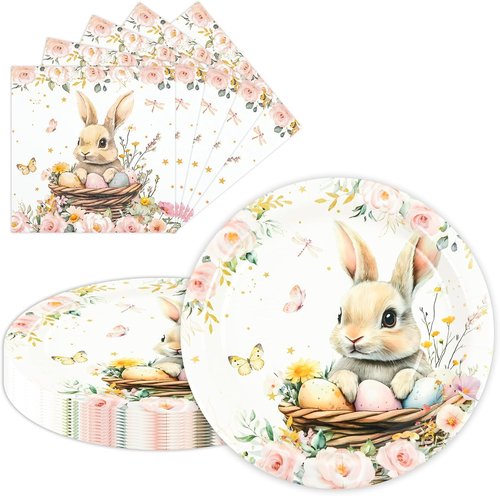 Regine Switzerland Easter Party Plates Set - 40 Pcs 9-Inch Bunny & Flower Design | Perfect for Spring Celebrations