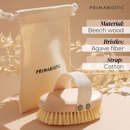 Primabiotic Body Massage Brush with Pouch – Eco-Friendly Product from Europe – Beech Wood & Agave Fibers – Oval Handle with Cotton Strap – Ideal for Dry Massage and Cellulite Reduction