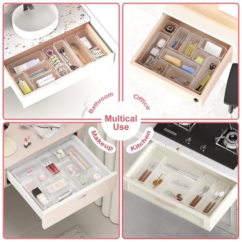 24 PCS Plastic Drawer Organizer Set, Sturdy 3-Size Makeup Vanity Desk Drawer Organizer Trays and Storage Bins for Cosmetics, Junk and Gadgets – Ideal for Bathroom, Bedroom, Office and Kitchen