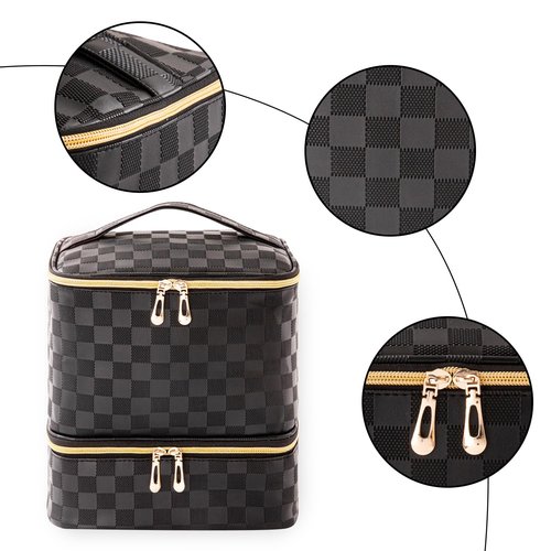 AGX Bravo Nail Polish Organizer Bag Holds 30 Bottles & Nail Lamp Gel Nail Polish Storage Organizers for Nail Tech Carrying Case Manicure Kit Supplies Bag, Checkerboard Black (BAG ONLY)