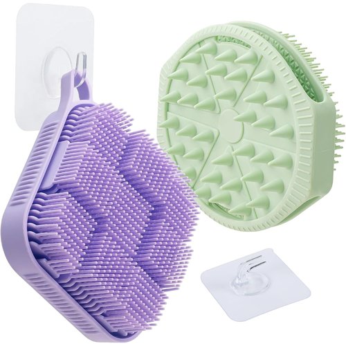 Mabnuby 2 Pack Silicone Body Scrubber, Exfoliating Silicone Loofah Shower Scrubber for Men & Women, 2-in-1 Food-Grade Antibacterial Dual-Sided Bath & Shampoo Brush for Sensitive Skin, Purple + Green