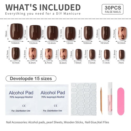 Skiennix Dark Brown Press-On Nails - Short Square Soft Gel with Gold Leaf Accents & Glitter | 30PCS Reusable Kit