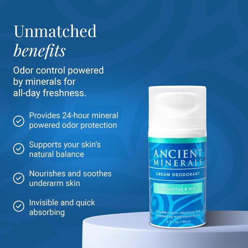 Ancient Minerals Natural Deodorant Cream - Eucalyptus & Mint, Aluminum-Free, Vegan, 2 oz for Sensitive Skin