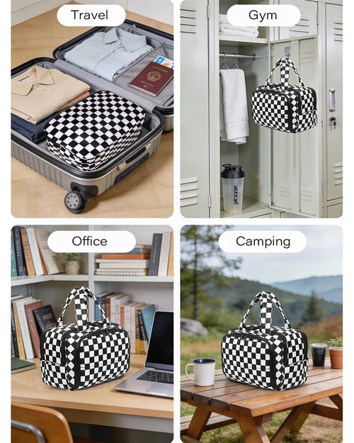 Travel Toiletry Bag, Spacious Checkered Toiletry Bag for Women,Large Toiletry Bags for Traveling,Lightweight Travel Cosmetic Makeup Bag Organizer for Accessories,Toiletries (Black and White Checkered)