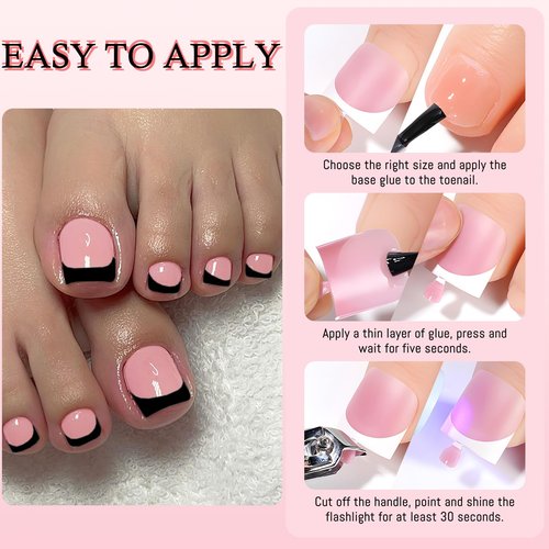 150pc French Tips Press on Toenails Women Toe Nail Press ons, Black French Tip Toe Press on Nails Fake Toenails Square Fake Toes Nail Tips Glue on Toenail Stick Acrylic Toes Nails Kit with Glue Tab