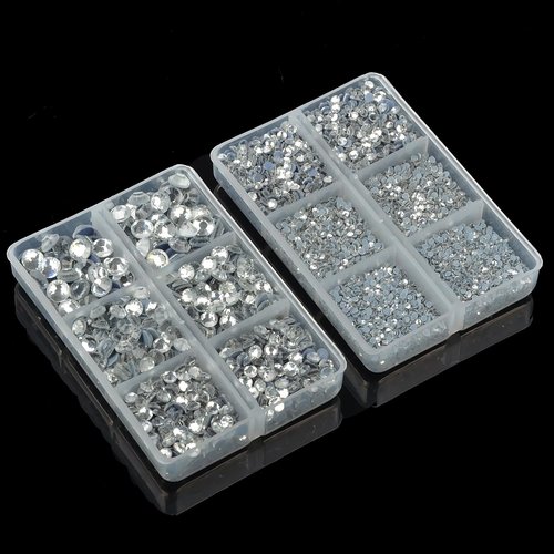 10000Pcs 2-Boxes Mixed Size Hot Fix Round Crystals Gems Glass Stones Hotfix Flat Back Rhinestones with Tweezers and Picking Pencil (Clear Crystal)