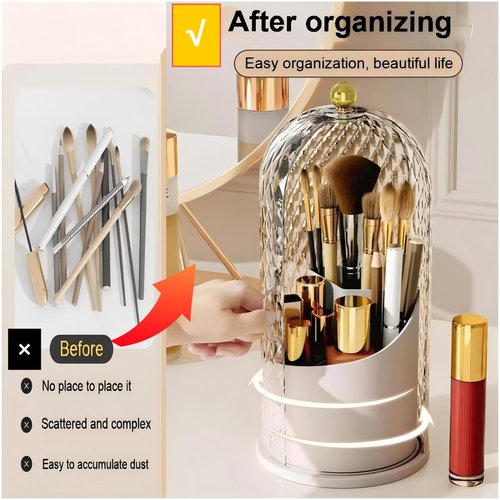 RONGZHIERK Makeup Brush Holder with Lid，Makeup Brush Storage Box with Diamond Pattern，360 Rotating Waterproof and Dustproof Beauty Brushes Storage for Vanity Bathroom,White