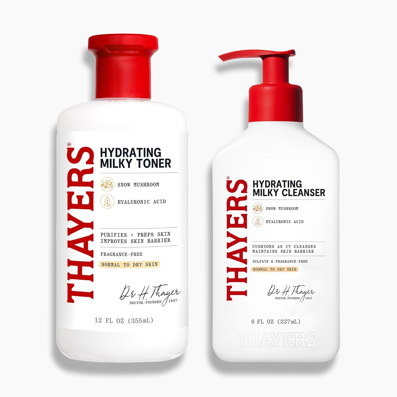 Thayers Milky Face Cleanser & Toner Bundle | Hydrating Skincare with Snow Mushroom & Hyaluronic Acid - 8 FL Oz & 12 FL Oz