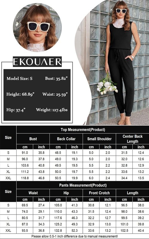 Ekouaer Jumpsuit for Women - Casual Summer Sleeveless Ribbed One-Piece Romper | Perfect Vacation Outfit
