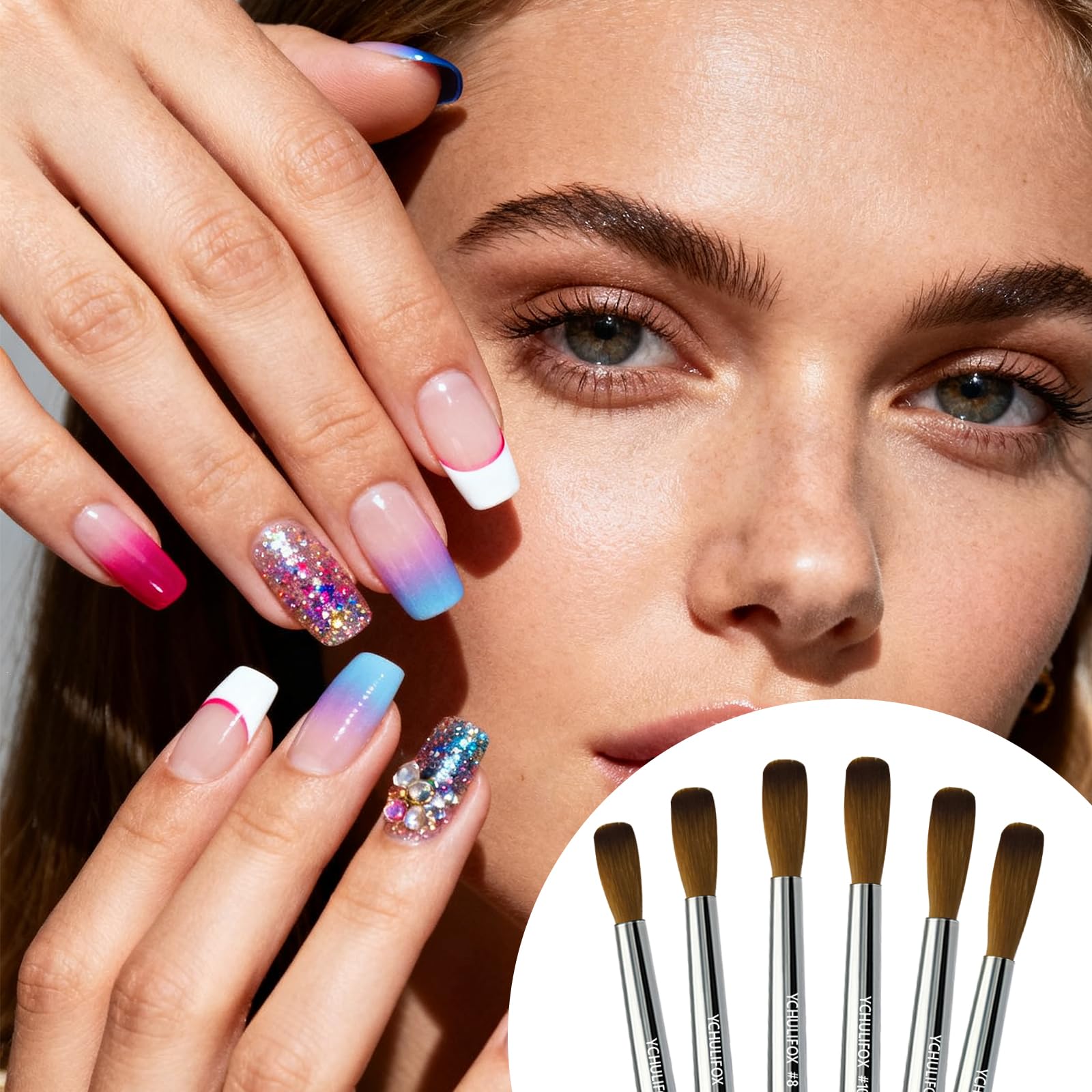 YCHULIFOX,Acrylic Art Nail Kit with 6-Size Brushes (4/6/8/10/12/14) for Dip Powder & Gel Nail Art, Easily Reinforce Nail Extensions for DIY Home Salon & Professional Use.