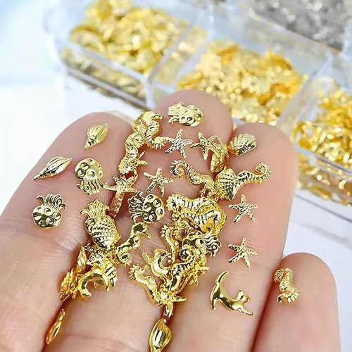 SILPECWEE 4000Pcs/4 Boxes 3d Metal Nail Art Studs Gold And Silver Nail Charms Rhinestones, Star Moon Ocean Theme Nails Design Rivet Stud Gem Jewelry Decoration Manicure Supplies