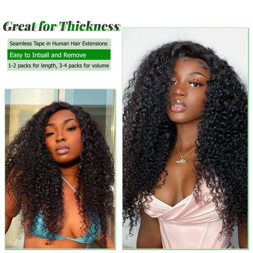 Kinky Curly Tape in Hair Extensions Human Hair, Natural Black Real Human Hair Tape ins for Black Women Double Sided 14 Inch Kinky Curly Hair Tape in Extensions 50g 20pcs