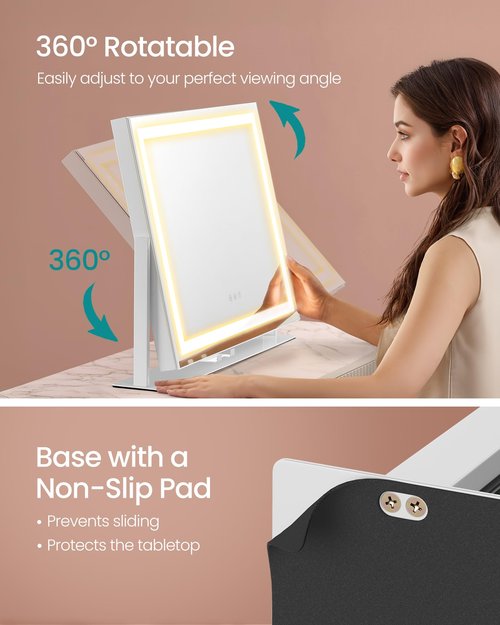 SONGMICS Vanity Makeup Mirror with Lights, Touch Control, Angle-Adjustable, Charging Ports, Detachable 10X Magnifying Mirror, 3 Color Temperatures, Dimmable, Phone Holder, Matte White ULWM002W01V1