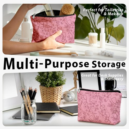 LIANGW Pink Nurse Floral Makeup Bag, Nurse Gifts for Women Cosmetic Bag, Gifts for Nurses Female Women, Nursing Flower Small Toiletry Bags Zipper Makeup Pouch