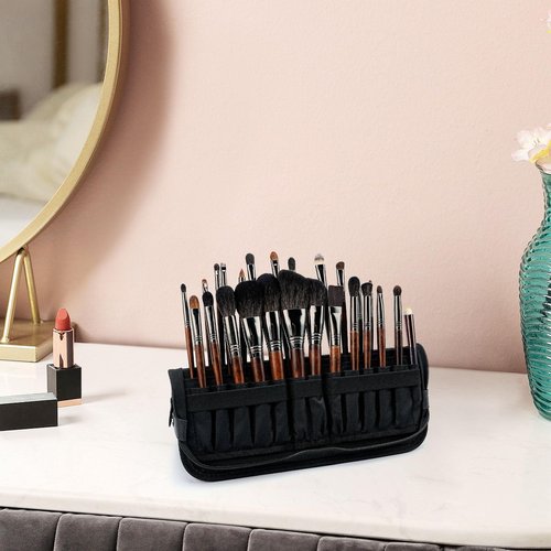 Black Travel Makeup Brush Holder,Waterproof Stand-Up Makeup Brushes Organizer, Portable Makeup Brush Holder Travel Case (BAG-876-30)