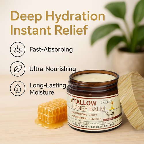 Jeirrzi Organic Beef Tallow for Skin, 100% Grass-Fed Tallow and Honey Balm for Face Body Moisturizer for Aging Dry Sensitive Skin, Deep Hydration & Nourishment 2 OZ