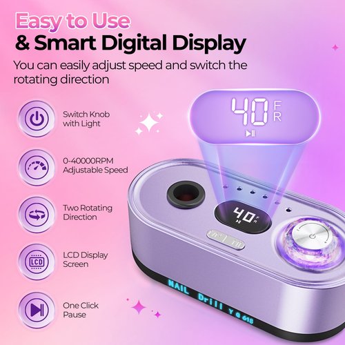 GOLEEXU Nail Drill Electric File: 40000RPM Professional E File Kit E File Machine Filer for Shaping, Buffing, Removing Acrylic Gel Nails, Manicure Pedicure Kit with 12Pcs Nail Bits, Home Salon Use