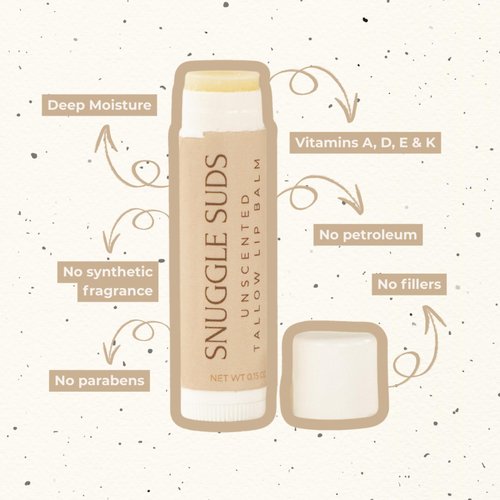 Snuggle Suds Grass-Fed Beef Tallow Lip Balm 3-Pack (0.15 oz Each) - Jojoba & Squalane Oils, Beeswax, Vitamin E, Chamomile & Calendula Infused - Ultra-Hydrating Lip Moisturizer - Variety
