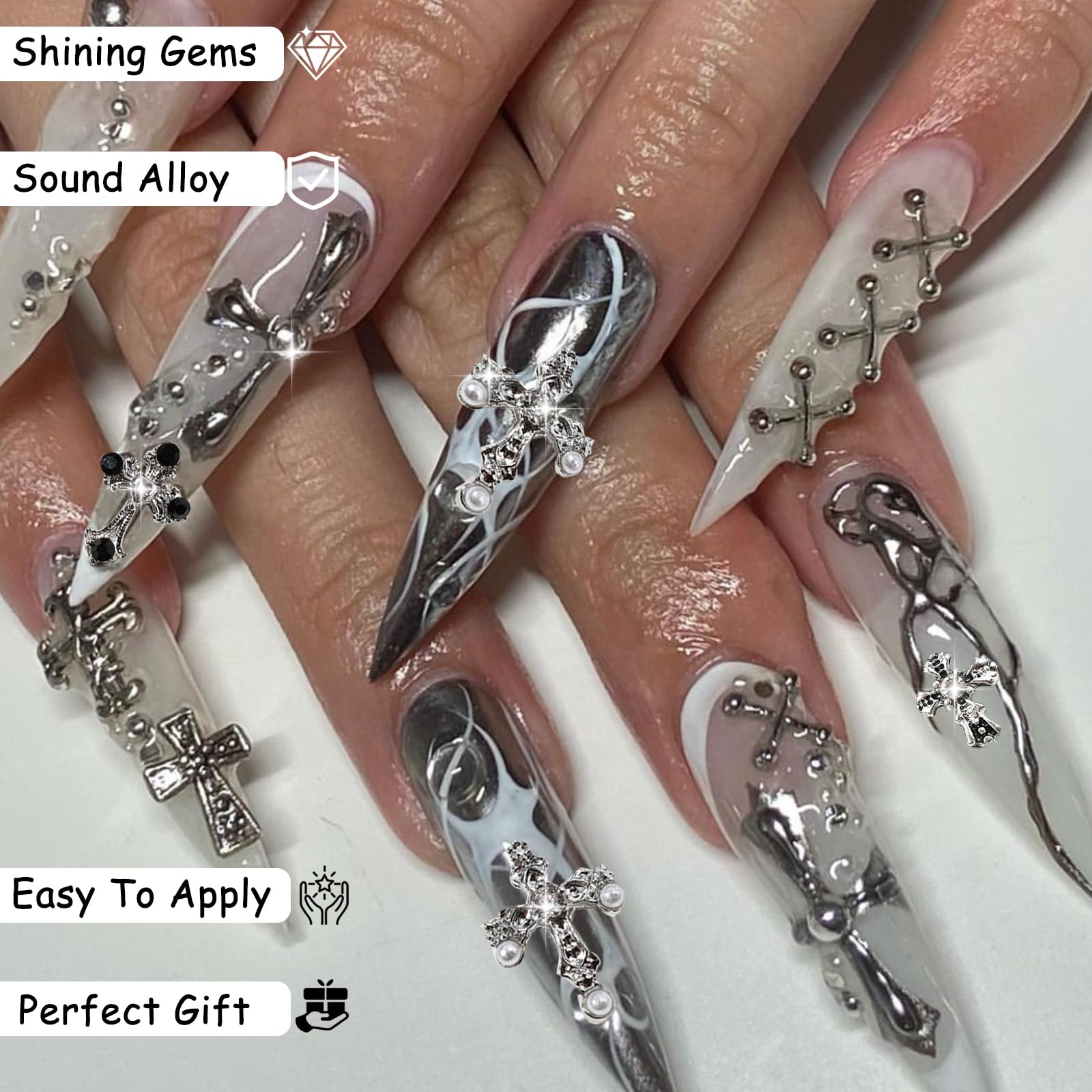 ZUMILLMN 100pcs 3D Cross Nail Charms 8 Styles Metal Nail Art Charms White Gold Silver Gold Black Cross Charms for Nails（100pcs）