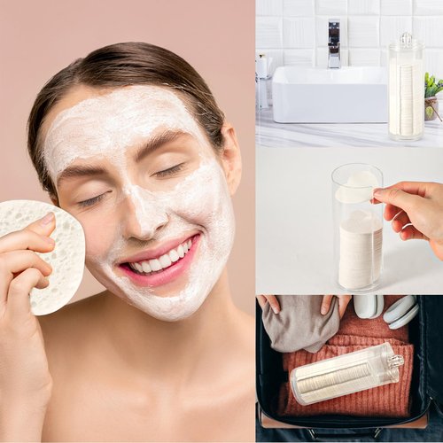 120pcs Facial Sponges, Compressed Facial Sponges with Container Heart Shape Face Sponges Sponge Pads for Face Cleaning Removing Makeup Exfoliating (White)