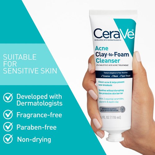 CeraVe Clay To Foam Acne Face Wash, Multi-Use Salicylic Acid & Kaolin Clay Acne Spot Treatment Clears Pimples & Blackheads, Prevents Breakouts, Hydrates & Soothes, Fragrance-Free, Non-Comedogenic, 4oz