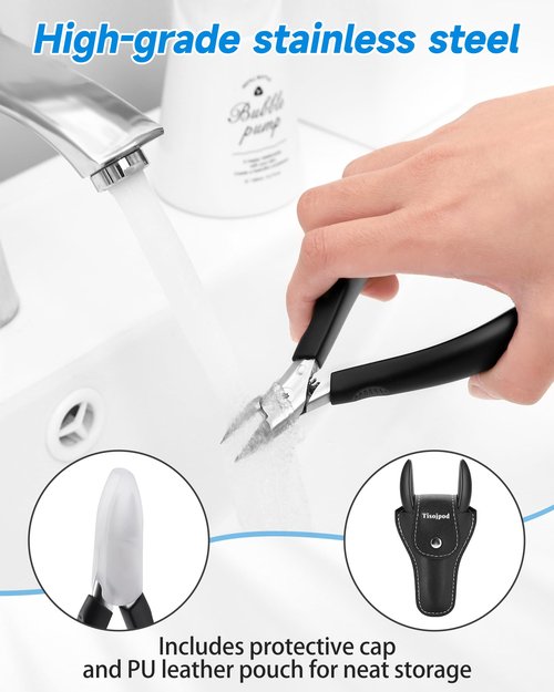 Tisojpod Nail Clippers,Toenail Clipper for Ingrown or Thick Toe Nails,Fingernail Clipper for Men Women Seniors with Stainless Steel Straight Blade Soft Handle Nail Cutter Black