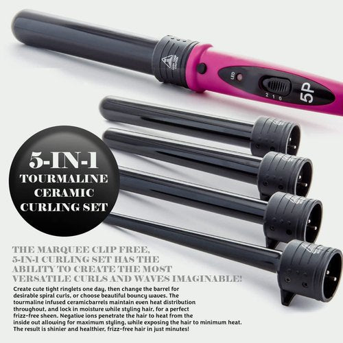 Marquee Beauty Professional Salon 8 Piece Flat And Curling Iron Set, 5 Interchangeable Ceramic Tourmaline Barrels, Heat Protectant Glove (Pink)