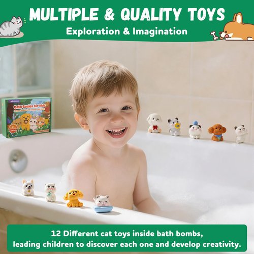 Bath Bombs for Kids with Surprise Toys Inside, 12 Pcs Kids Bath Bombs with Cat Dog Toys, Natural Safe Bathbombs for Moisturizing Sensitive Skin, Fun Bubble Bath Fizzies Gift for Boys Girls Toddlers