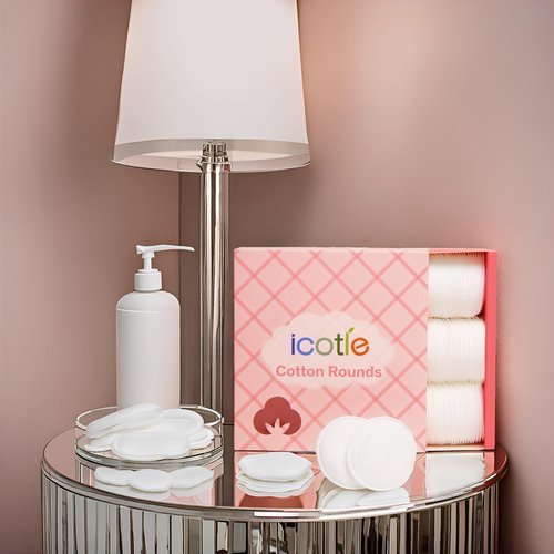 ICOTLE 100% Pure Cotton Round Pads for Face (210), Lint-Free Makeup Remover Pads, Soft, Absorbent, Hypoallergenic, Multi-Layer Design for Cleansing, Skincare and Nail Polish Removal