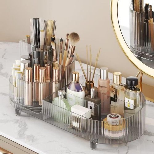 Rotating Large Capacity Cosmetic Display Case,Bathroom Counter Organizer Countertop Storage,Cosmetics Skincare Shelf Organizer (Clear)