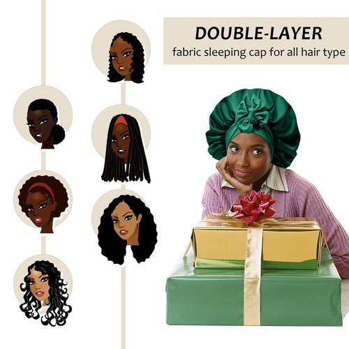 AWAYTR Satin Bonnet for Women Tie Band Hair Bonnet Large 2 Layered Silk Sleeping Cap Nightcap with 3PCS Hair Scrunchies (Green)
