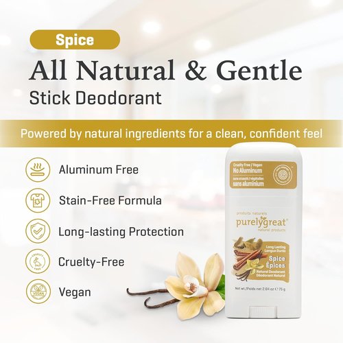 Purelygreat Natural Deodorant Stick - Spice Scented, Paraben & Aluminum Free | Travel Friendly - 2.64 oz / 75 g