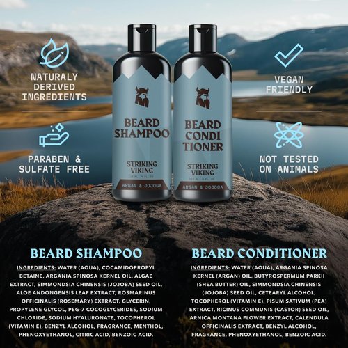 Striking Viking Beard Shampoo and Conditioner Set – 4 Fl Oz Each, Fresh Masculine Scent - Beard Wash and Conditioner for Men - Cleanses & Softens, with Argan & Jojoba Oil - Sulfate & Paraben Free
