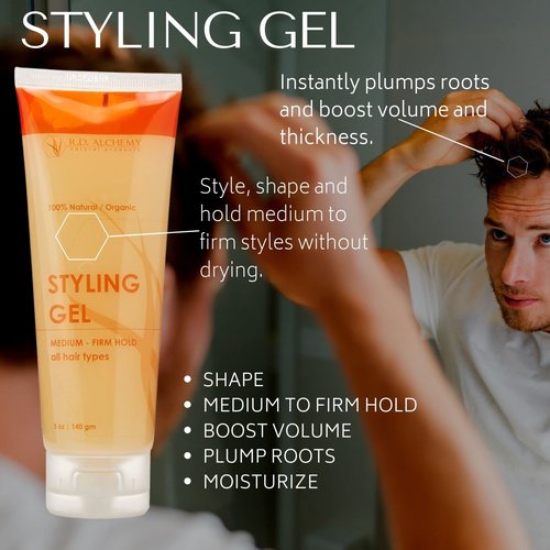RD Alchemy - 100% Natural & Organic Styling Gel. Natural Hair Gel for Men and Women + Curly Hair or Flat Hair. Hold Styles, Boost Volume & Thickness with Light - Medium Hold
