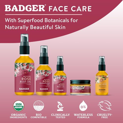 Badger Rose Beauty Balm - 100% Organic Nourishing Treatment with Pure Rose Oil | 1 oz Glass Jar