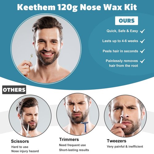 Keethem 120g Nose Wax Kit with 30 White Applicators, 20 Mustache Guards, 20pcs Paper Cups, Painless Nose Hair Removal for At Least 20 Times Usage, Nose Hair Waxing Kit for Men and Women