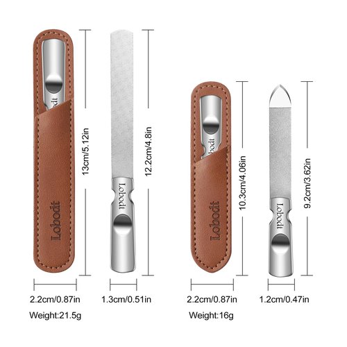 Lobodt Stainless Steel Nail File with Anti-Slip Handle and Leather Case, Double Sided and Files Nails Easily for Men and Woman,Great for Home Salon or Travel Use (2 PCS Metal)