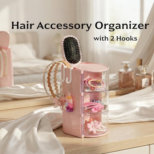 Lukzeezo Hair Accessories Organizer with 2 Hooks,3-Layer Rotatable Hair Tie Organizer With Hair Brush Holder,Makeup Brush Holder For Hair Ties,Hair clips,and Hair bows (Pink)