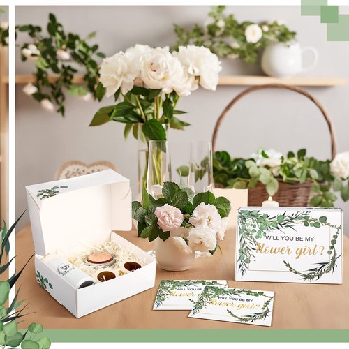Crtiin 18 Pcs Flower Girl Gifts Wedding Proposal Box Kit from Bride Will You Be My Flower Girl Gifts Card Tumbler Daisy Necklace Sunglasses Diamond Pen Hair Ring Mirror Green Sage Wedding Party Favors
