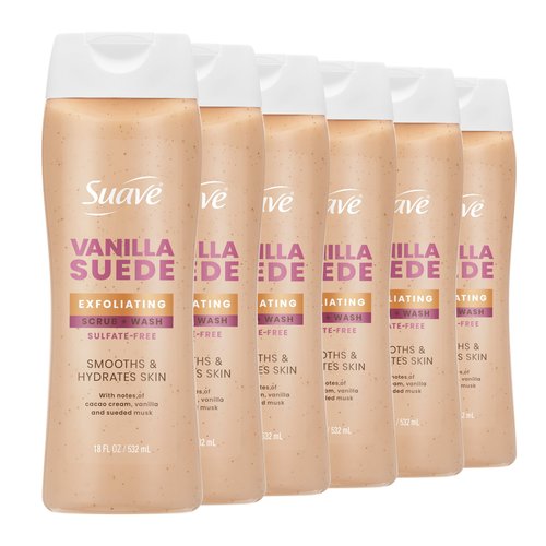 Suave Vanilla Suede Exfoliating Body Wash & Scrub with Glycerin & Vitamin E, Sulfate-Free Hydrating Cleanser for Soft, Smooth Skin, 6 Count, 18 FL OZ EA