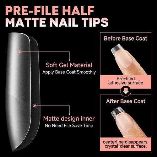 UNA GELLA Short Square Nail Tips Pre-buff Soft Gel Nail Tips Matte Square False Nails Tips Acrylic Full Cover 504Pcs 15Sizes Gelly Press On Nails Fake Nails Tips for Nail Extension DIY Salon