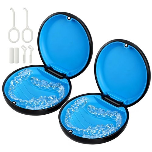 HEMILAB 2 Pack Retainer Case, Compatible with Invisalign, Slim Aligner Case with Removal Tool, Aligner Seaters & Brush, Pocket Size Secure Magnetic Closure for Travel - Black