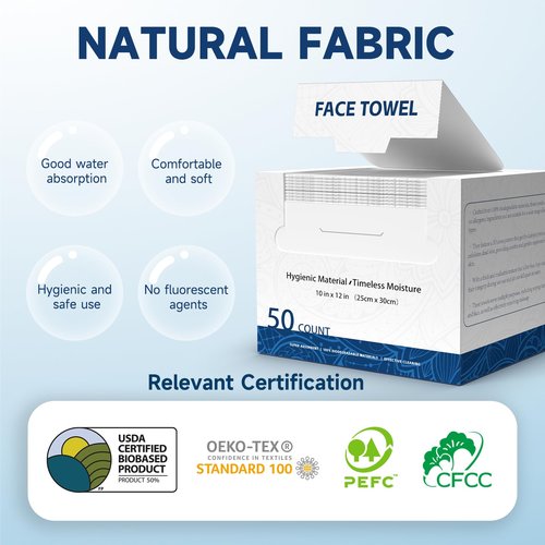 Face Towels 10x12 Inch, 50 Count Extra Thick & Soft Disposable Towels for Makeup Removal & Cleansing, Biodegradable Towels for Sensitive Skin, Travel-Friendly Facial Towelettes